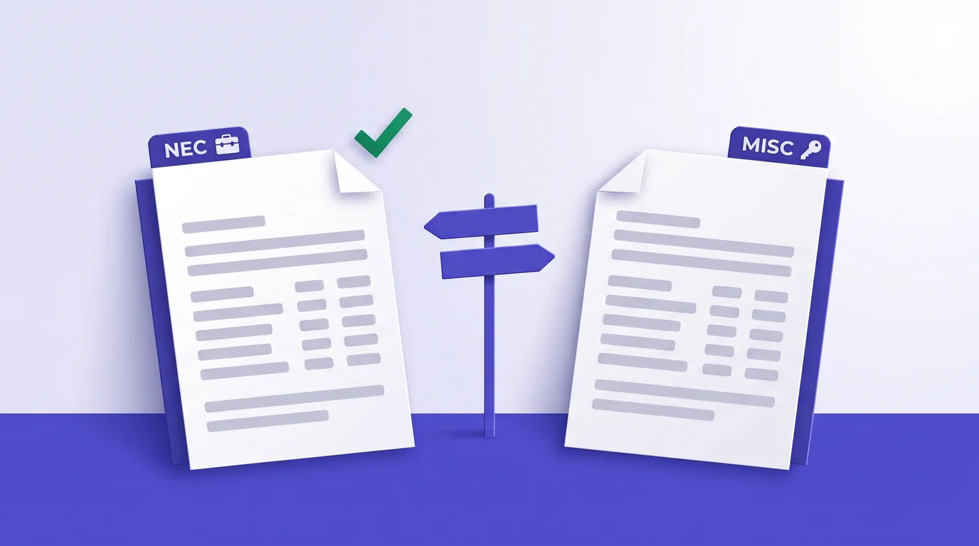 Two tax forms side by side labelled NEC and MISC with a signpost between them