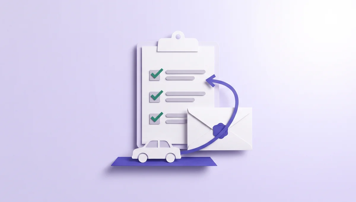 Paper-cut clipboard with three checked rules, a small car and an envelope, illustrating an accountable plan for employee reimbursements