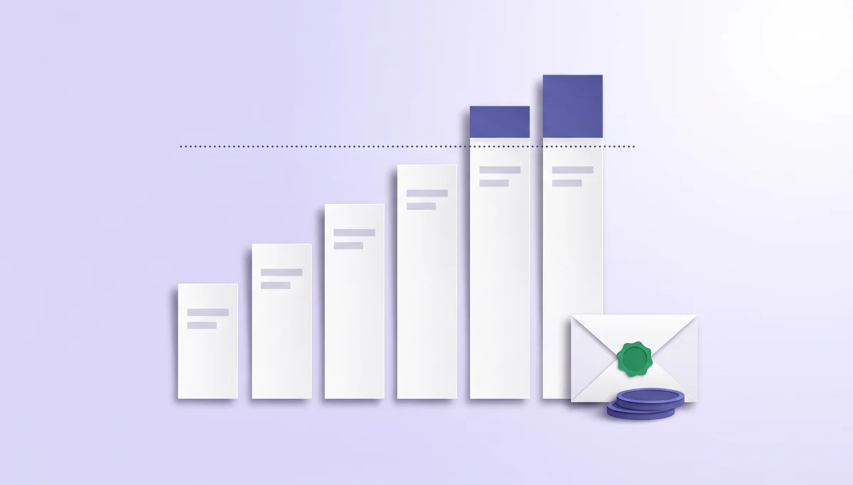 Paper-cut illustration of a rising bar chart where the two tallest bars carry an extra block above a dotted threshold line