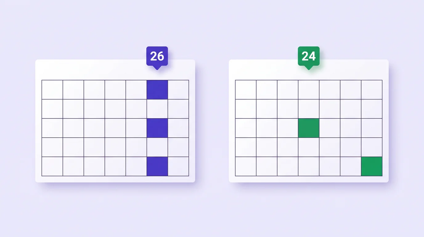 Two month calendars: paydays every other Friday on one, 26 a year, and two fixed dates a month on the other, 24 a year