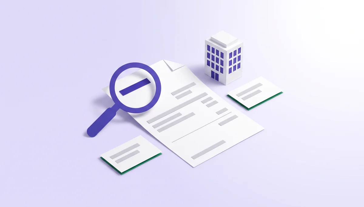 Paper-cut pay stub with a magnifying glass over the employer block, beside an office building, illustrating where the EIN appears