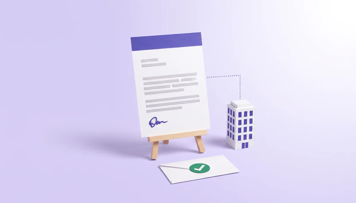 Paper-cut illustration of a signed letter on letterhead on an easel, a sealed envelope with a check mark and a small office building