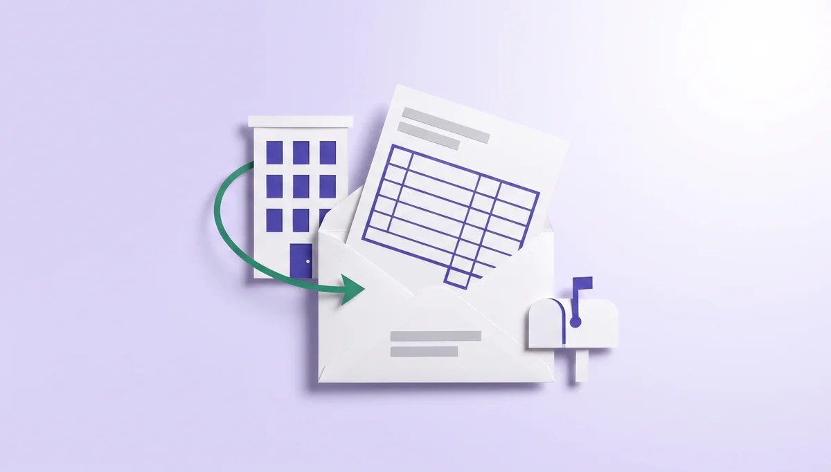 Paper illustration of a W-2 form sliding out of an envelope, with an office building, an arrow and a mailbox