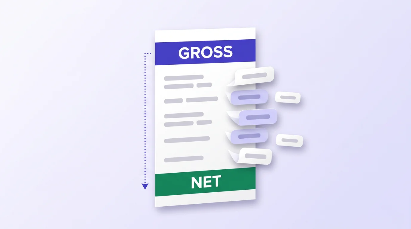 Pay stub with a wide GROSS band at the top and a narrower NET band at the bottom, with deduction blocks peeling away in between
