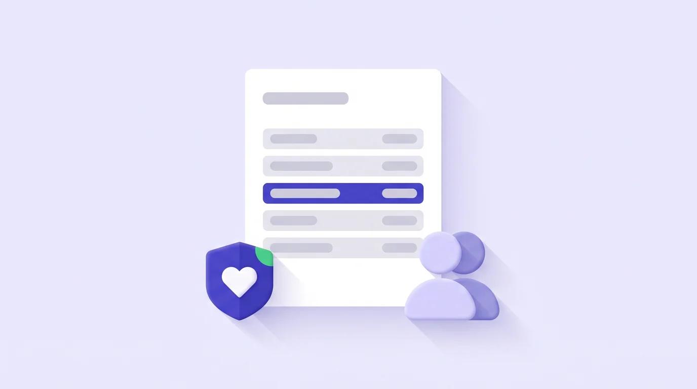 Illustration of a pay stub with one line highlighted, a shield with a heart and two people, for group-term life insurance