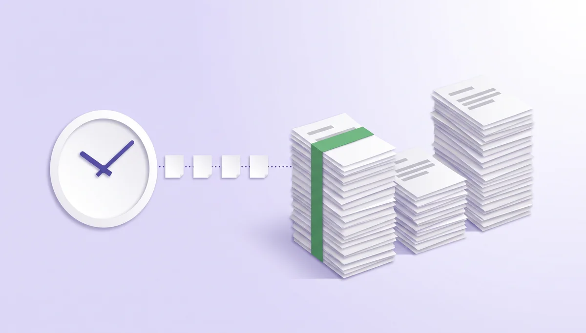 A clock sending hour tiles into stacks of pay records that grow into a yearly salary