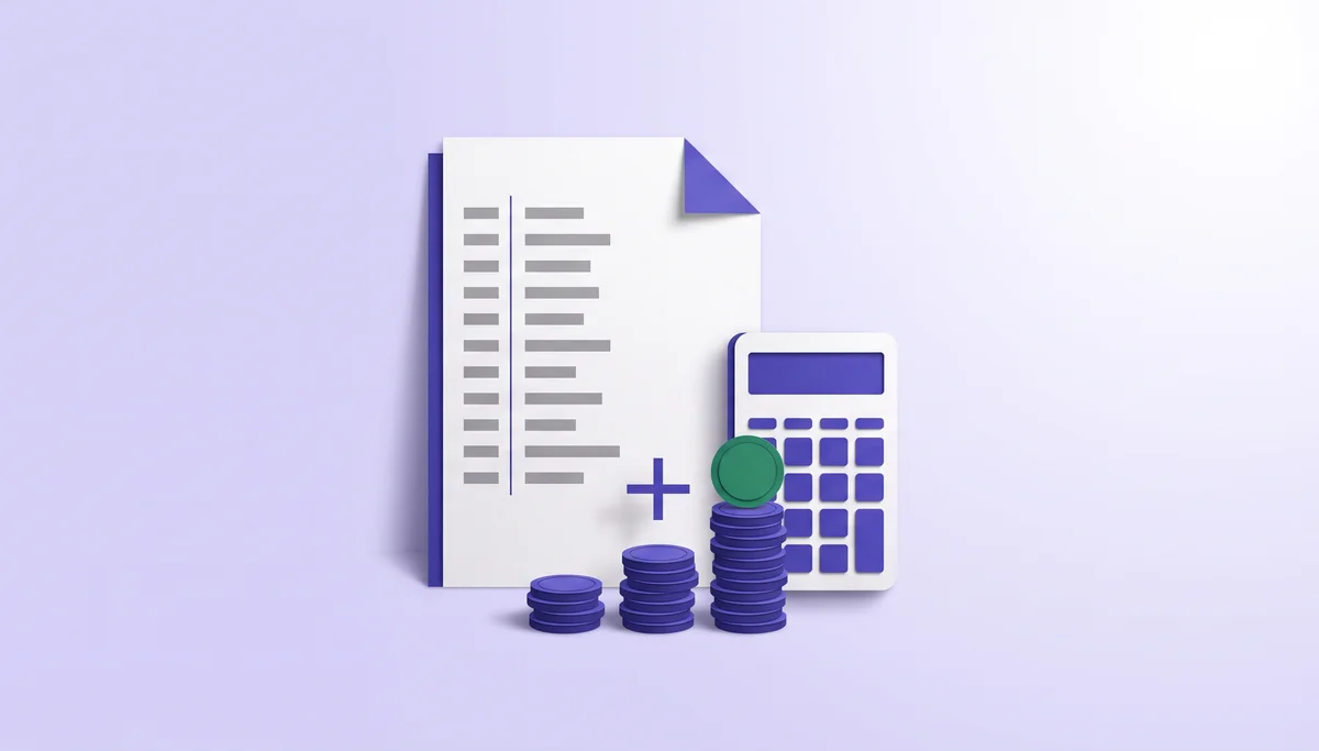 Paper-cut timecard sheet beside a calculator and rising coin stacks, illustrating how to calculate gross pay