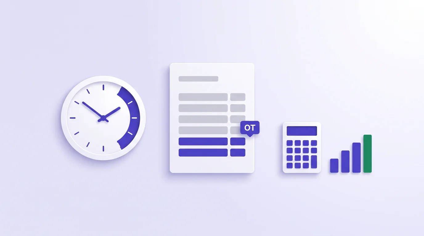 A clock, a timesheet with overtime rows highlighted and a calculator