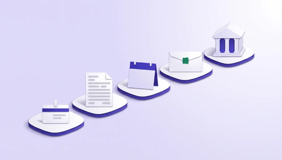 Paper-cut illustration of five stepping stones carrying an ID card, a form, a calendar, a pay envelope and a bank