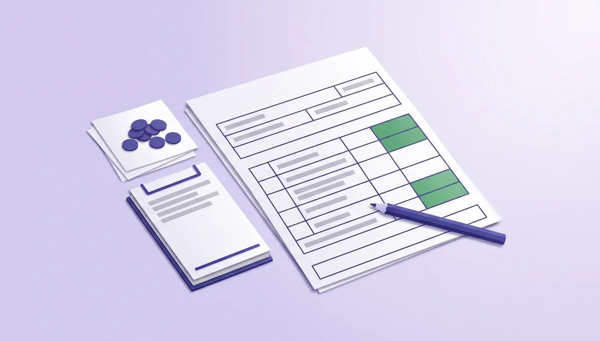 Paper illustration of a W-2 form grid with filled boxes, a pencil, a server's order pad and tip coins