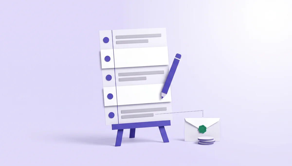 Paper-cut illustration of a five-step form on an easel with a pencil, linked to a pay envelope