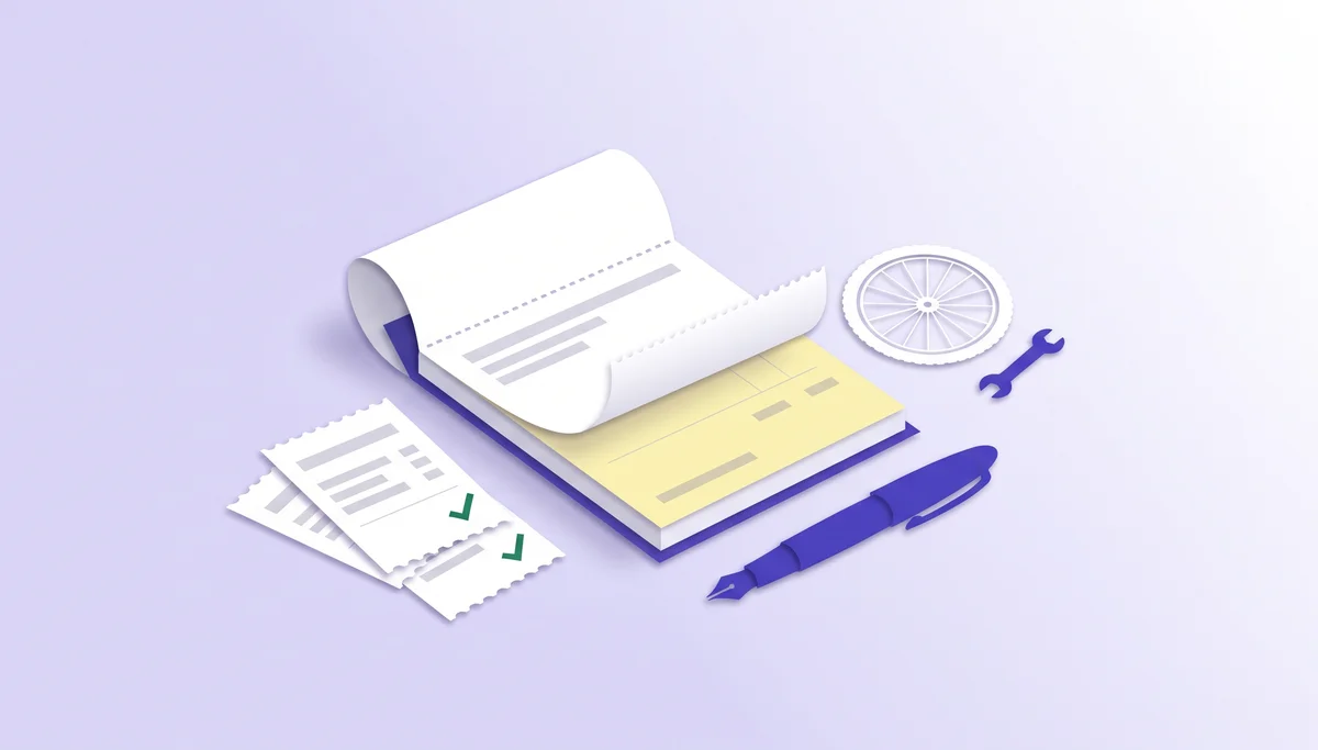 Paper-cut illustration of an open receipt book with its carbon copy, a fountain pen and torn-off receipts marked paid