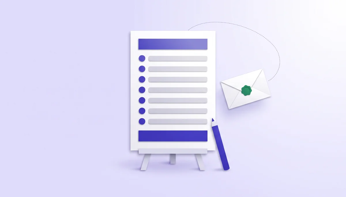 Paper-cut illustration of an invoice on an easel with a pencil, and a sealed envelope flying off to the client