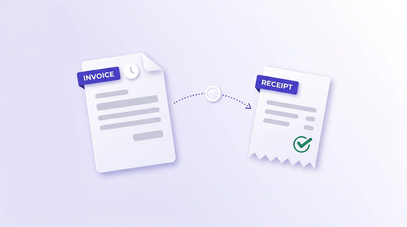 An invoice with a clock icon and a receipt with a green check mark, joined by a dotted arrow
