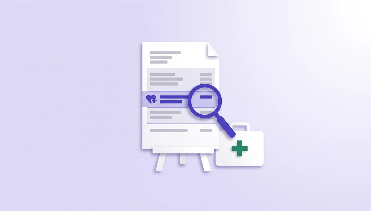 Paper-cut illustration of a pay stub with the Medicare line highlighted under a magnifying glass, beside a first-aid case