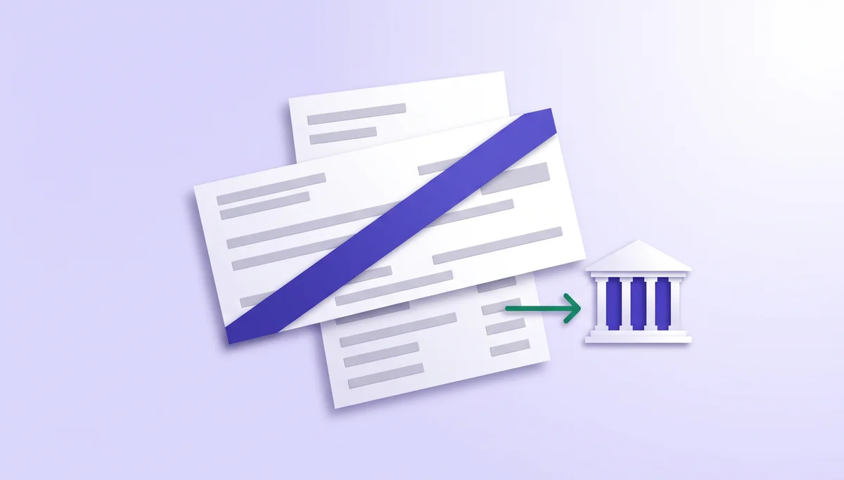 Paper-cut illustration of a check-style deposit advice crossed by a band, a pay stub beneath it and an arrow to a bank