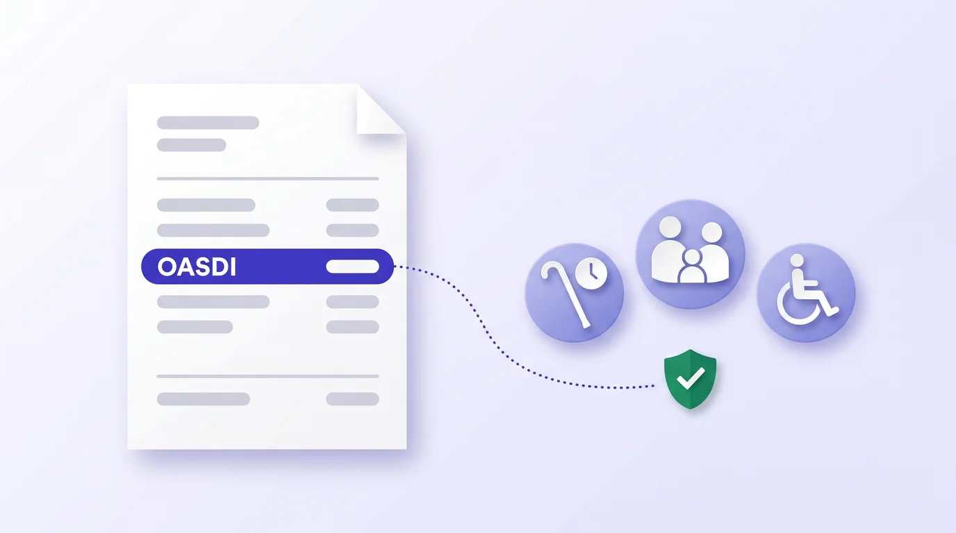 Pay stub with the OASDI row highlighted, linked to icons for retirement, survivor and disability benefits