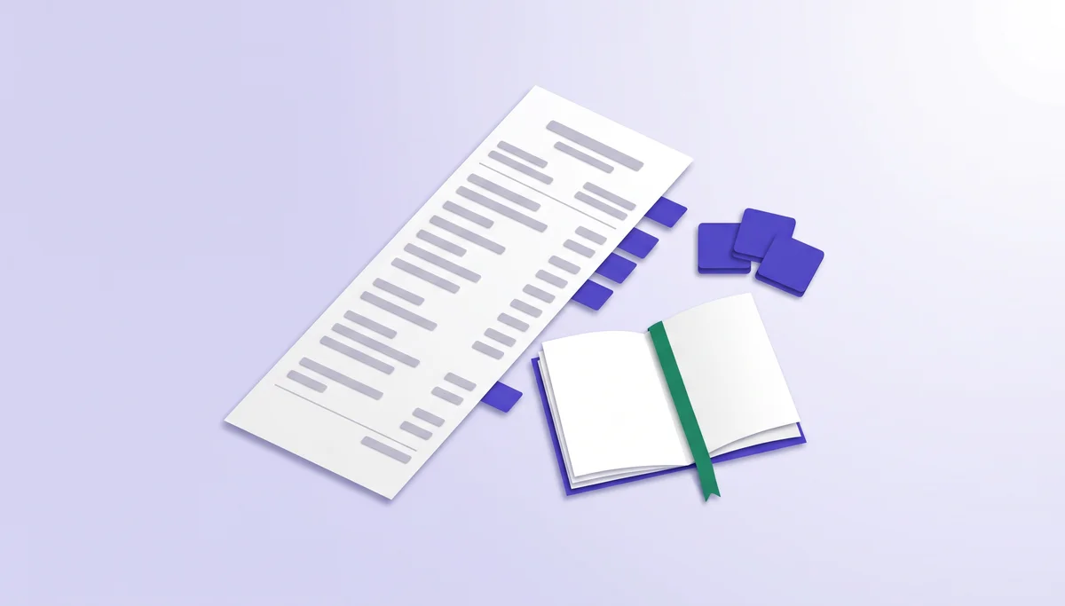 Paper-cut pay stub with index tabs on its lines next to an open glossary booklet, illustrating pay stub abbreviations