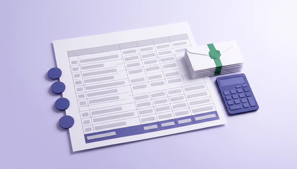 Paper-cut illustration of a payroll register grid with a totals row, a stack of sealed pay envelopes and a calculator