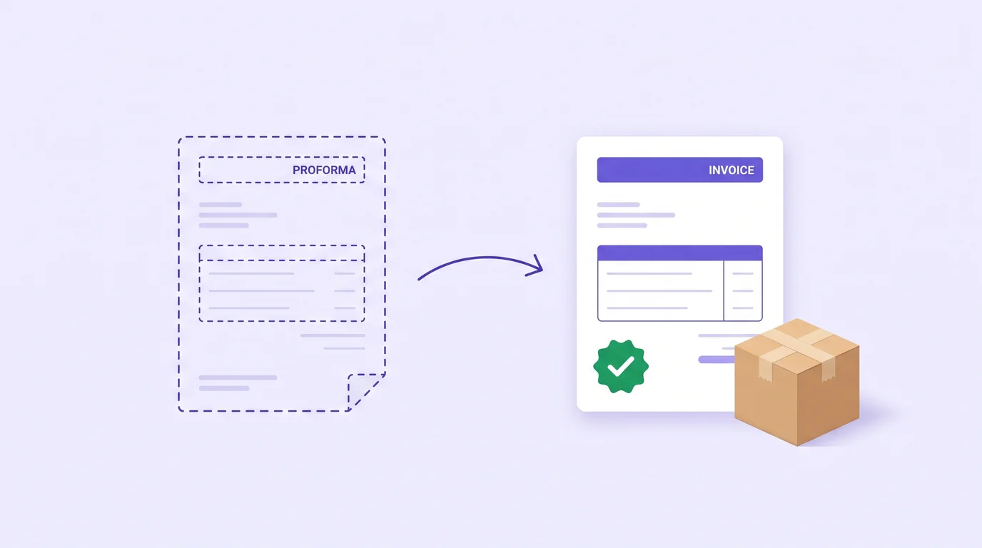 A dashed proforma invoice turning into a finished invoice with a check mark next to a shipping box