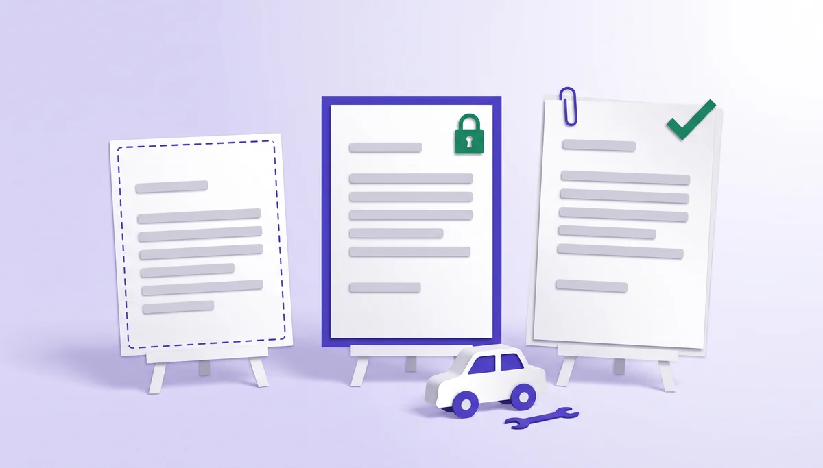 Paper-cut illustration of three documents on easels, an estimate with a dashed border, a locked quote and a checked invoice, beside a toy car