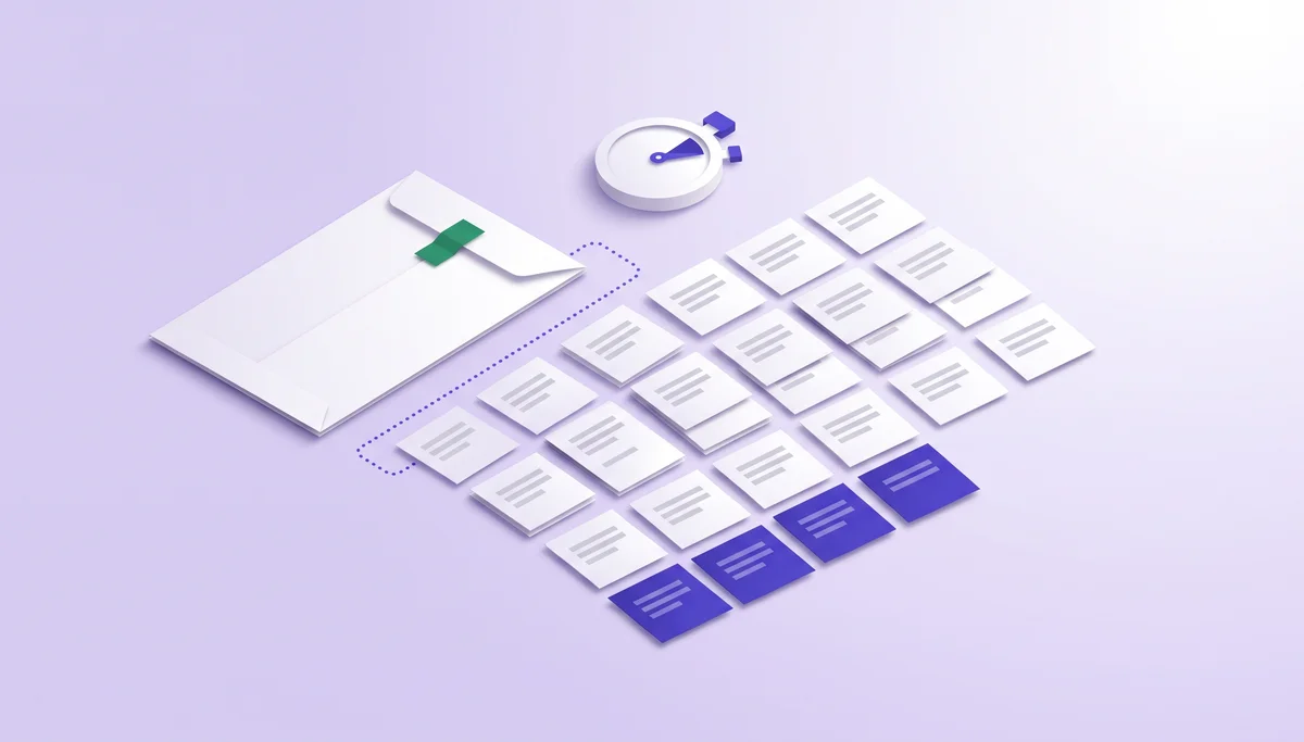 A salary envelope divided into a grid of hour tiles beside a stopwatch