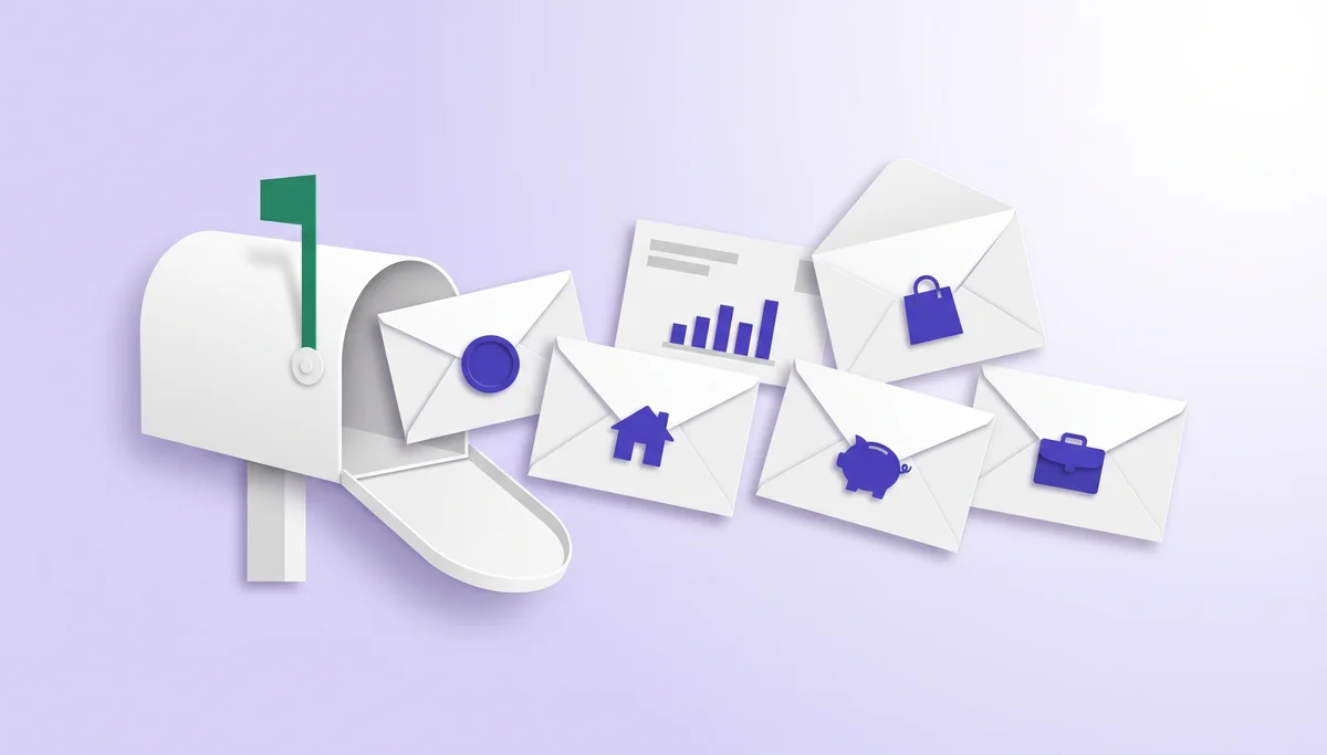 Paper-cut illustration of a mailbox with envelopes for different kinds of income: a house, a chart, a shopping bag, a piggy bank, a briefcase