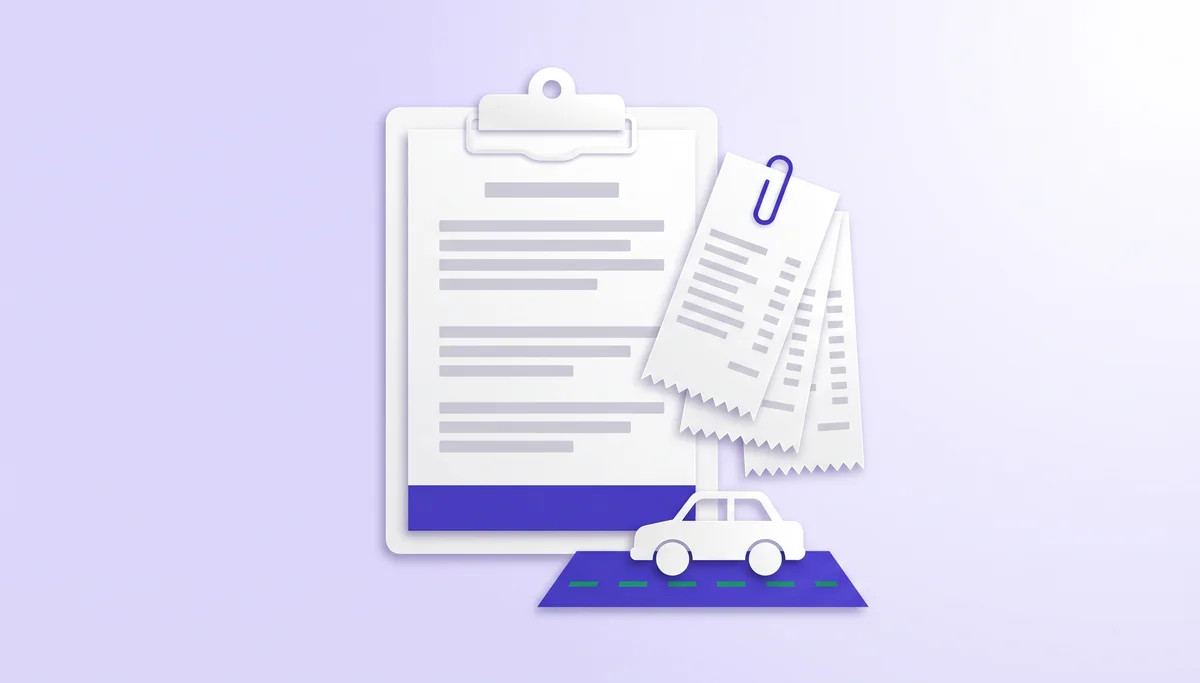 Paper illustration of an expense report on a clipboard with clipped receipts and a car on a road for mileage