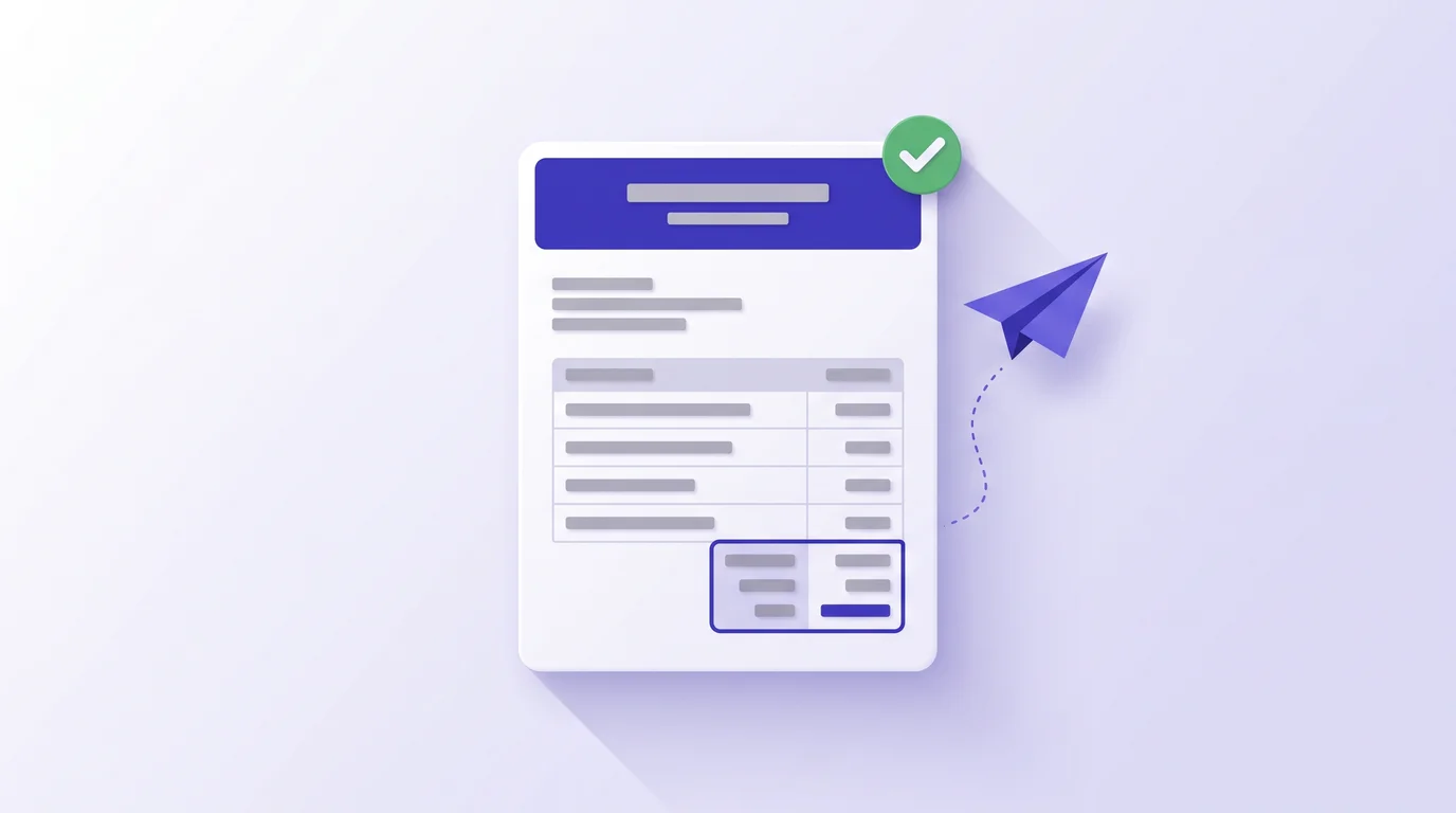 Illustration of an invoice with a header, itemized lines and a highlighted total, sent with a paper airplane