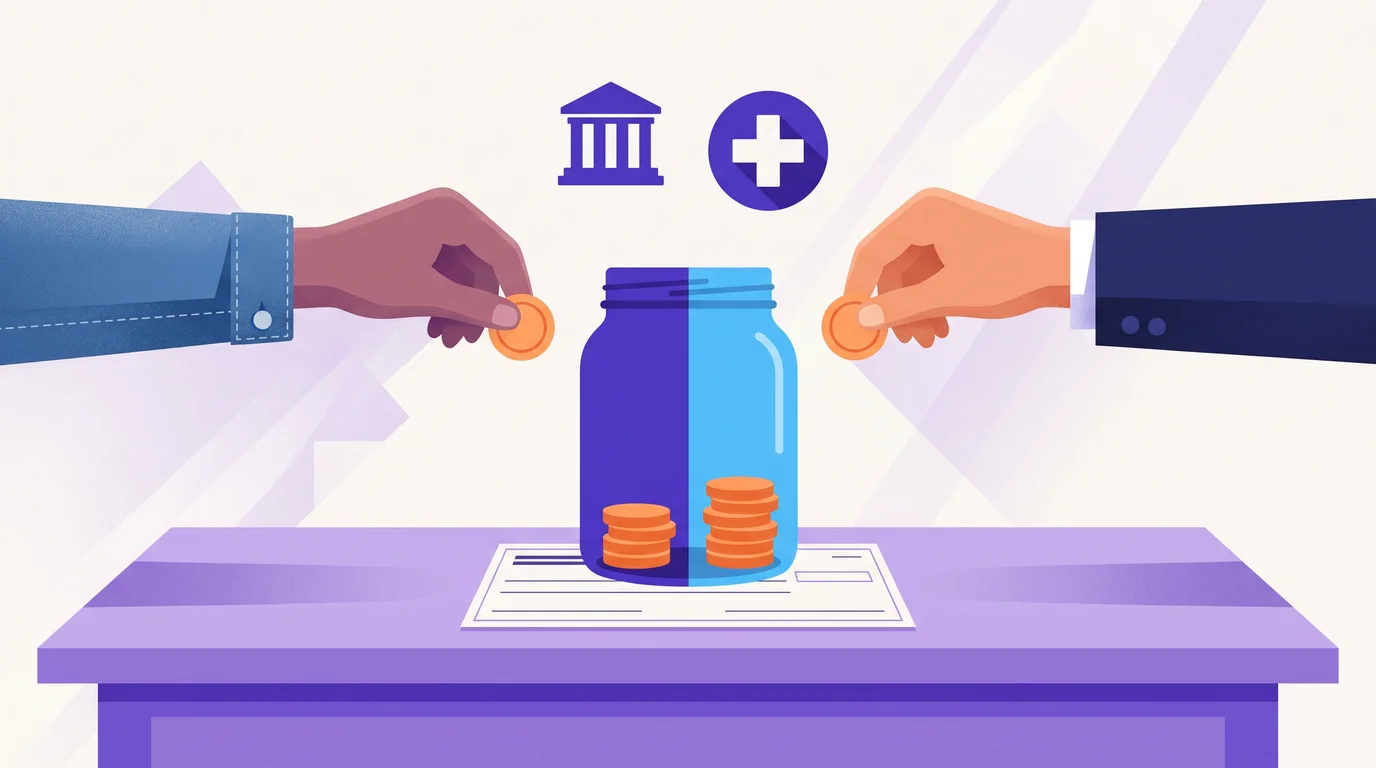 An employee's hand and an employer's hand each drop a coin into a jar split into two halves for Social Security and Medicare