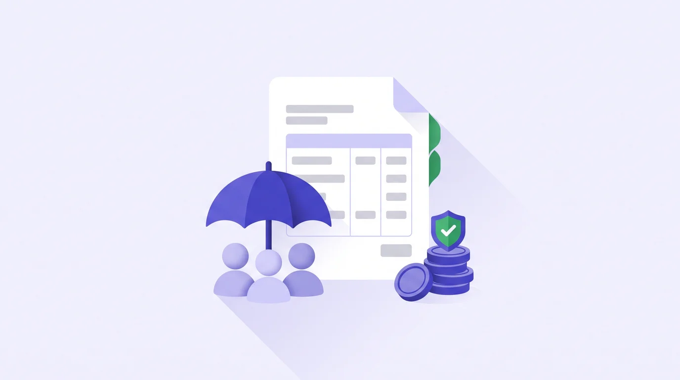Illustration of a payroll ledger, an umbrella over three people and a stack of coins with a shield, for the federal unemployment tax employers pay