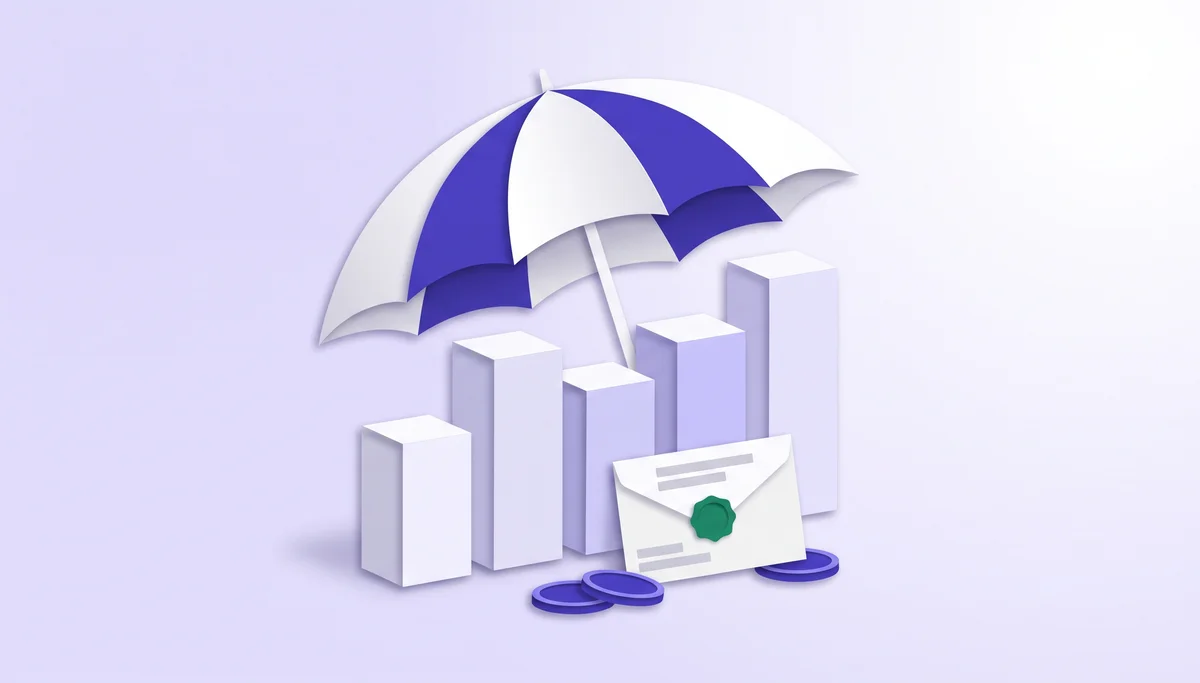 Paper-cut illustration of an umbrella sheltering a row of blocks of different heights, with a pay envelope and coins, for the SUTA guide
