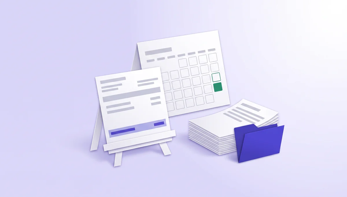 Paper-cut illustration of a pay stub with its total band highlighted, a calendar with the last day marked and a stack of paychecks
