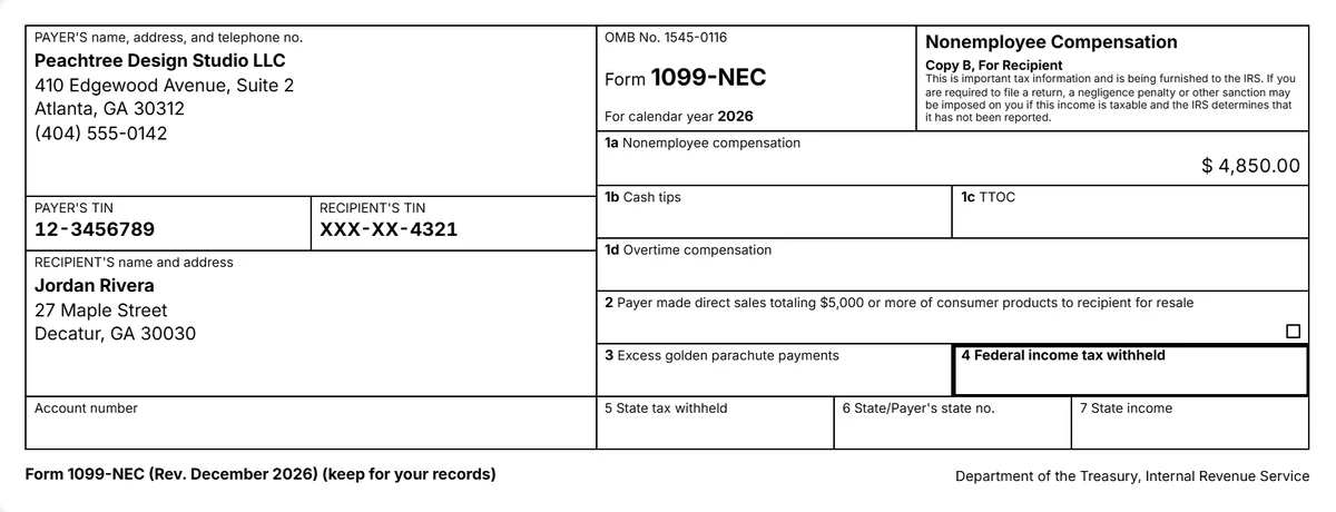 Copy B of a sample 2026 Form 1099-NEC from Peachtree Design Studio LLC to a freelance illustrator, $4,850 in box 1a