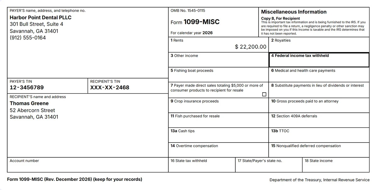 Copy B of a sample 2026 Form 1099-MISC from Harbor Point Dental PLLC to its office landlord, $22,200.00 in box 1 rents