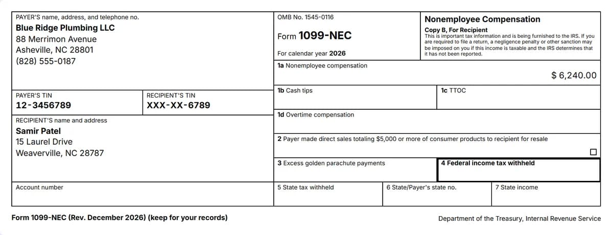 Copy B of a sample 2026 Form 1099-NEC from Blue Ridge Plumbing LLC to a freelance bookkeeper, $6,240.00 in box 1a