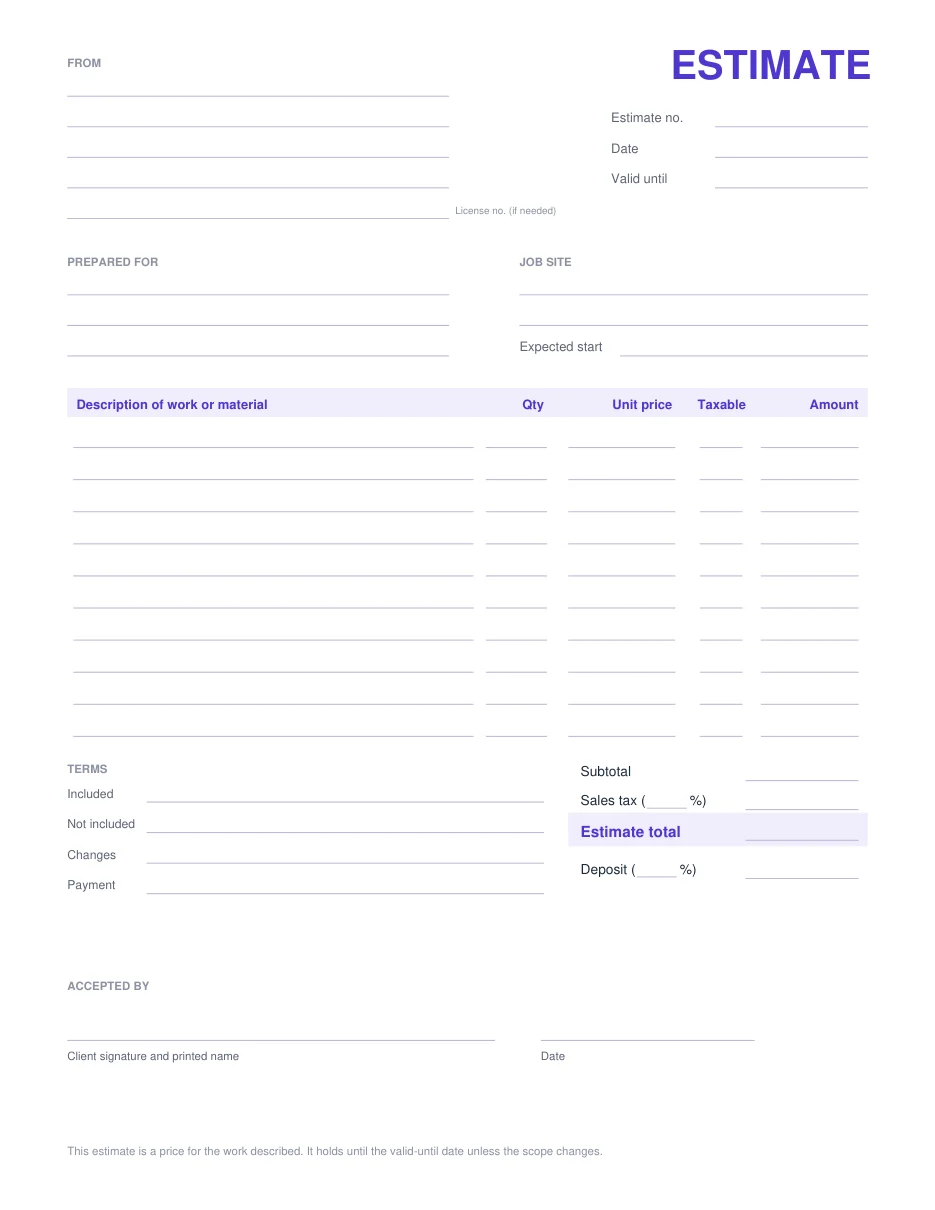 The blank estimate PDF: business details, estimate number, date, valid until, prepared for, job site, item table, totals, deposit, terms and the client acceptance line