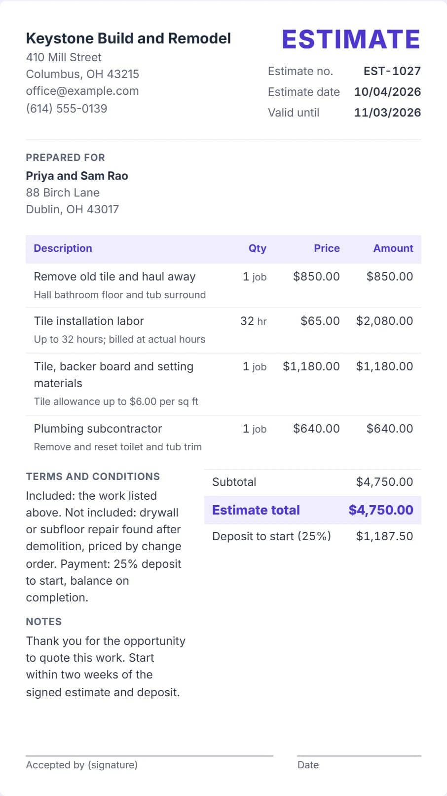 Sample estimate from Keystone Build and Remodel for a bathroom tile job: four priced lines, a $4,750.00 total, a 25% deposit and a valid-until date