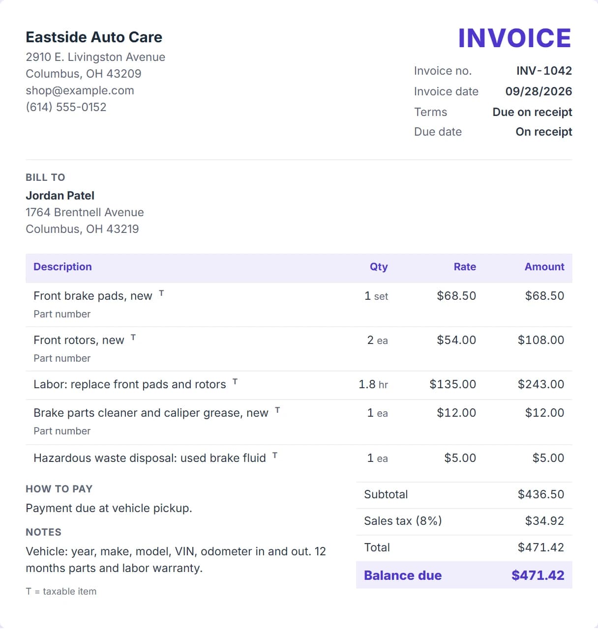 Auto repair invoice example with front brake pads, front rotors and labor, sales tax and the total due