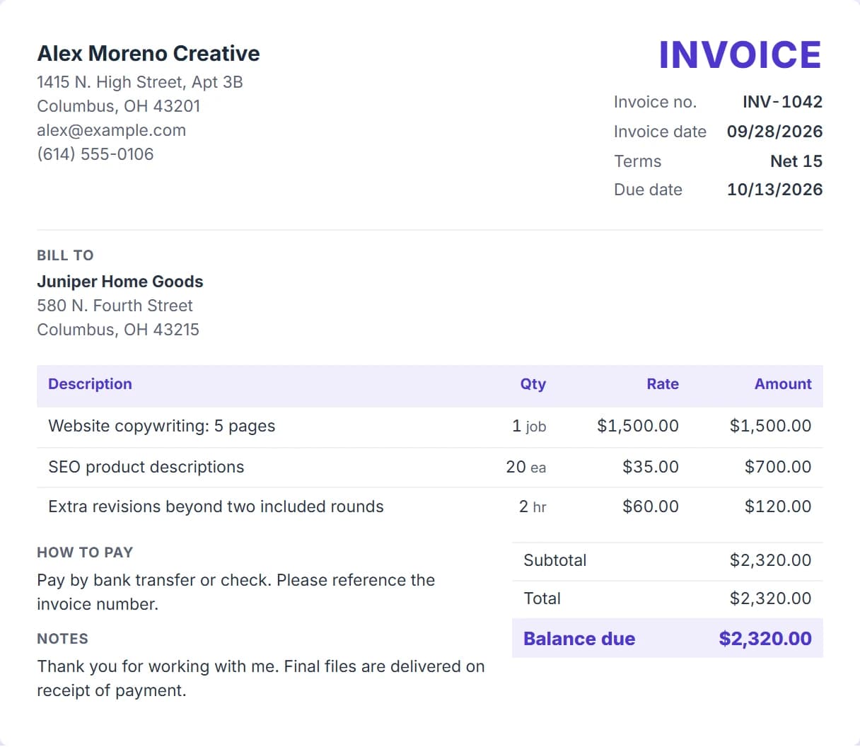 Freelance invoice example with website copywriting, SEO product descriptions and extra revisions beyond two included rounds and the total due