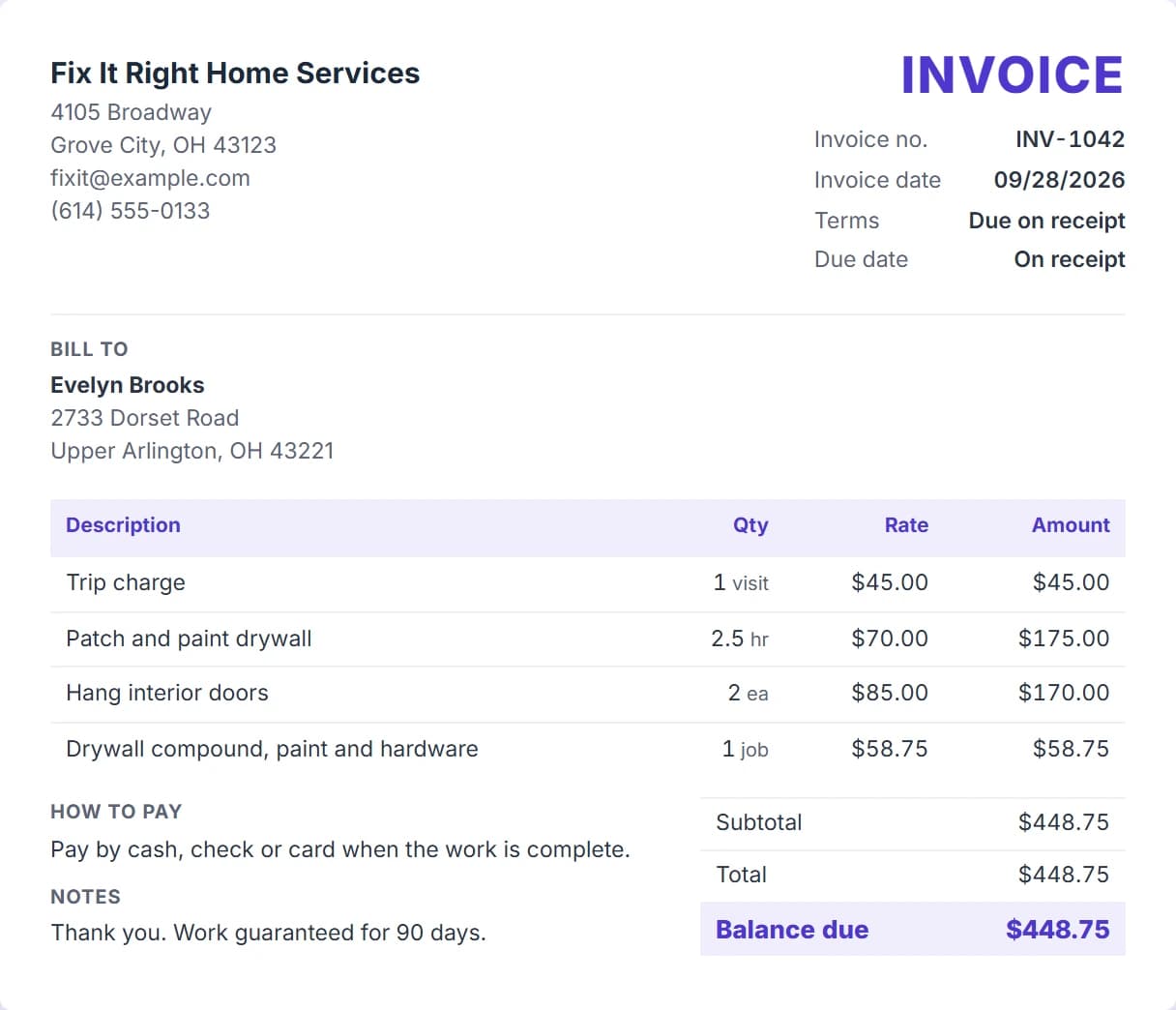Handyman invoice example with trip charge, patch and paint drywall and hang interior doors and the total due