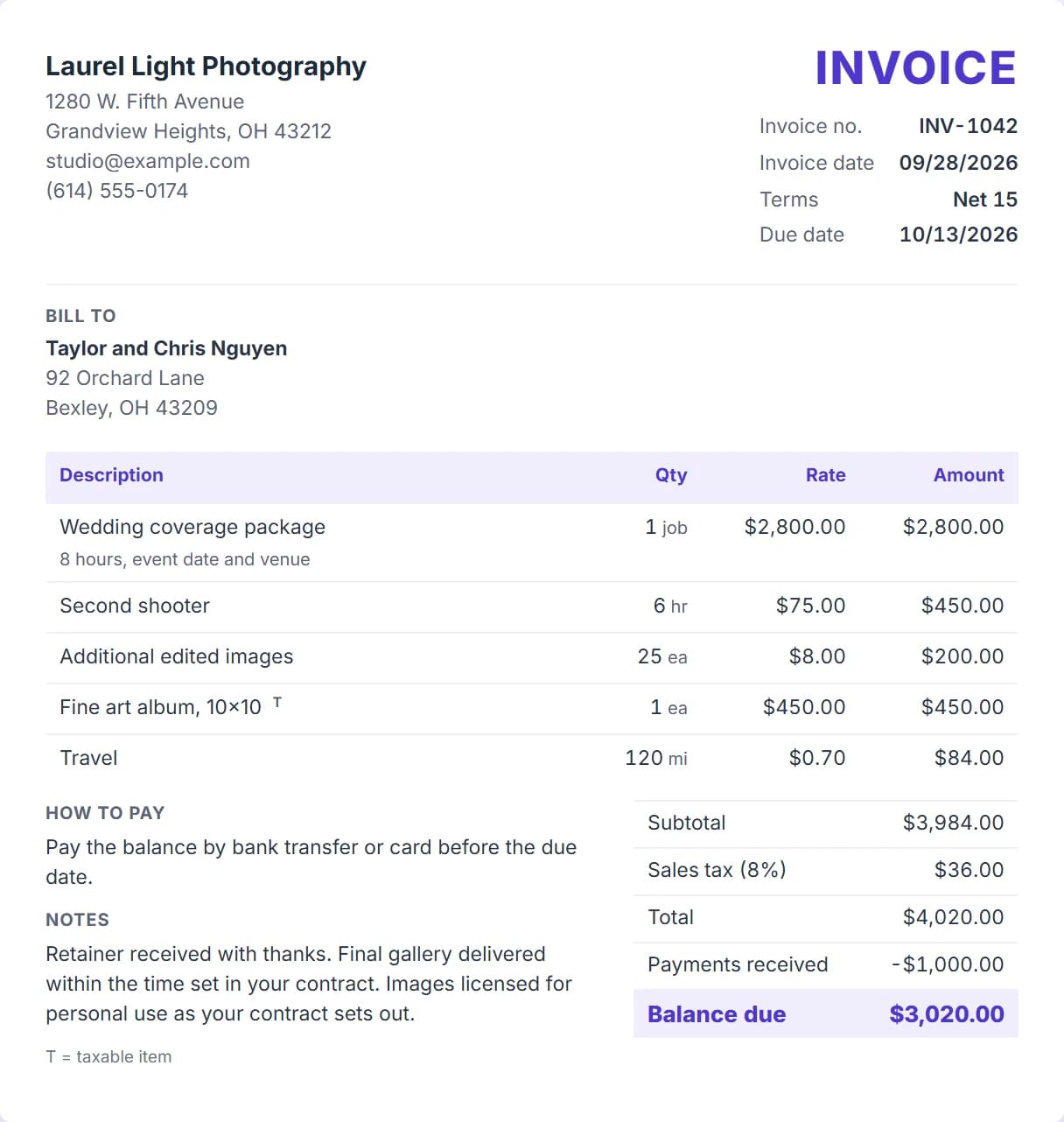 Photography invoice example with wedding coverage package, second shooter and additional edited images, sales tax and the total due