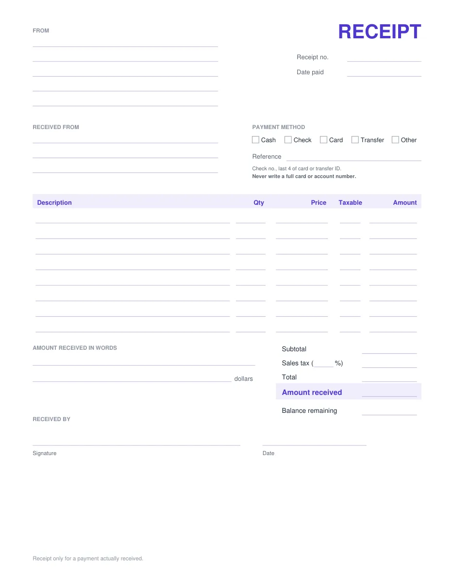 The blank receipt PDF: business details, receipt number, date paid, received from, payment method, item table, totals and amount in words