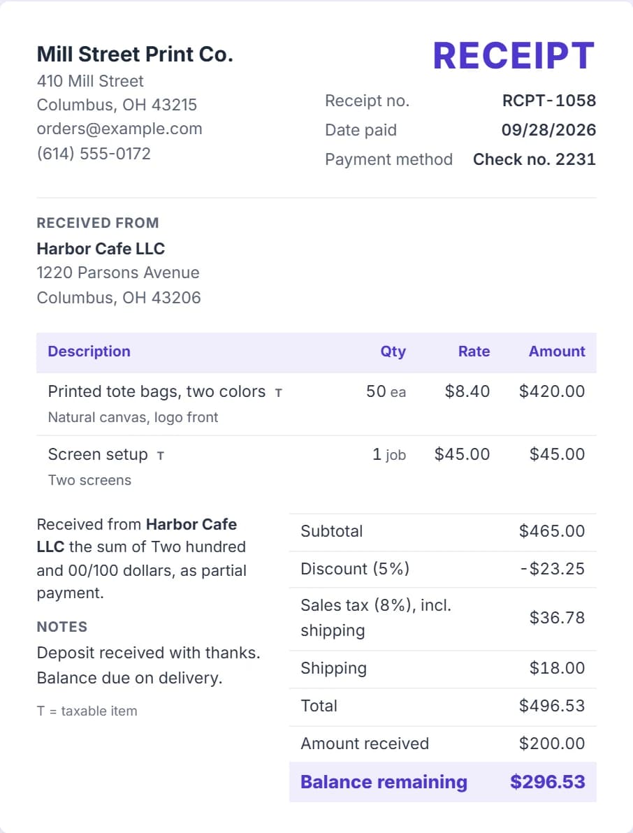 Sample receipt from Mill Street Print Co. to Harbor Cafe LLC for a $200 deposit paid by check, with the balance remaining
