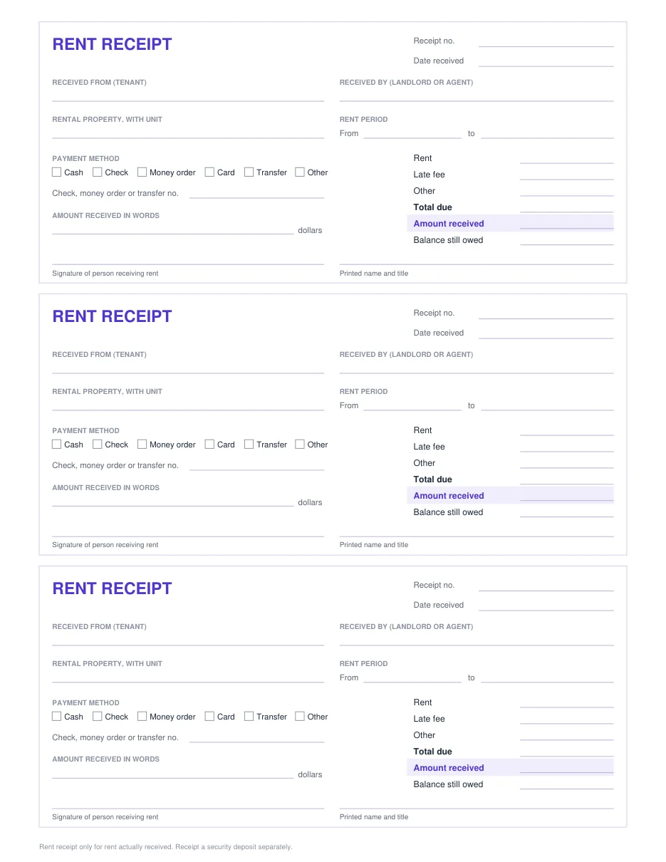 The printable rent receipt PDF: three receipts on one page, each with tenant, landlord, property, rent period, payment method, charges, amount received, balance and signature