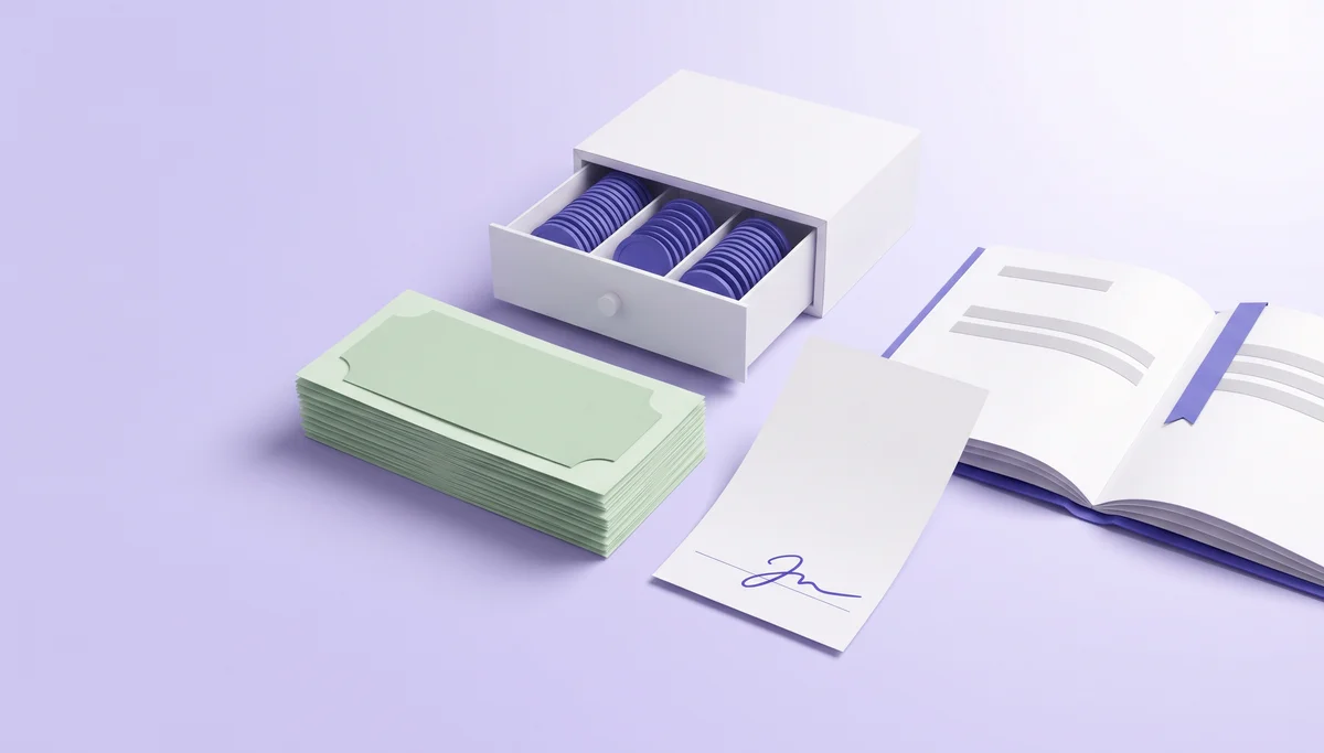 Paper-cut illustration of a stack of banknotes, a signed cash receipt, an open cash drawer of coins and a ledger