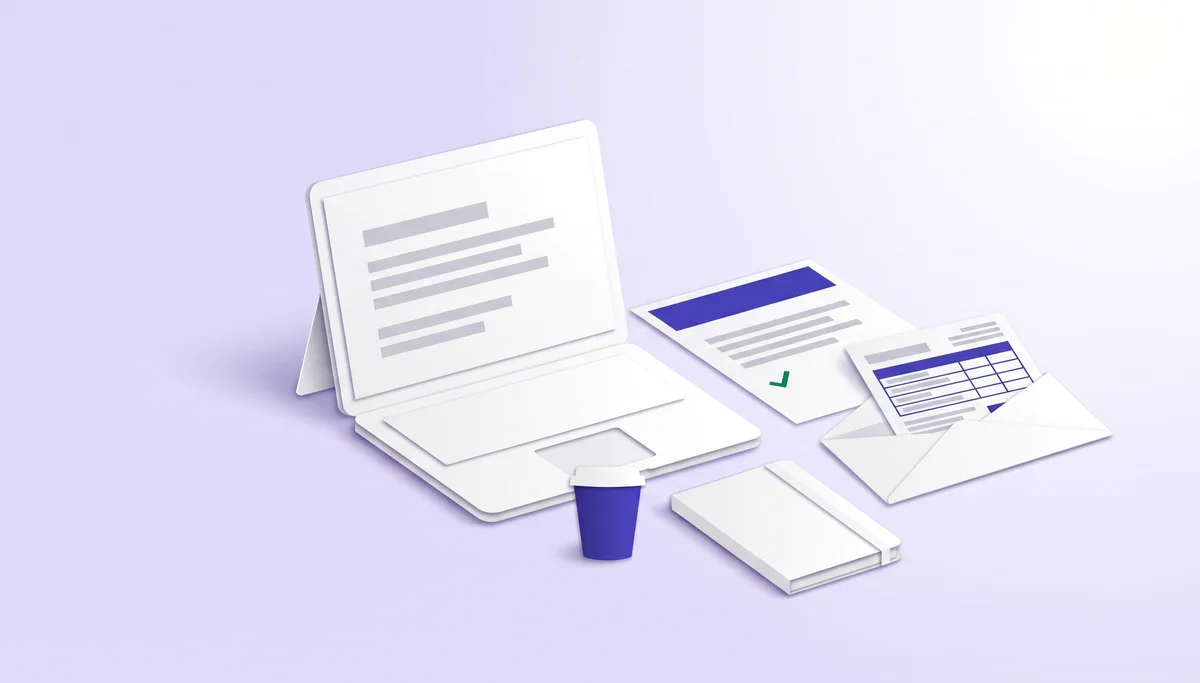Paper-cut laptop, paid bill with a check mark and an envelope holding a tax form, illustrating 1099 contractor paperwork
