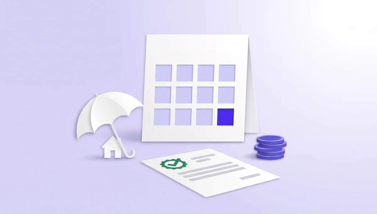 Paper-cut illustration of a year calendar, a filed return with a check mark seal, coins and an umbrella over a house, for the Form 940 guide