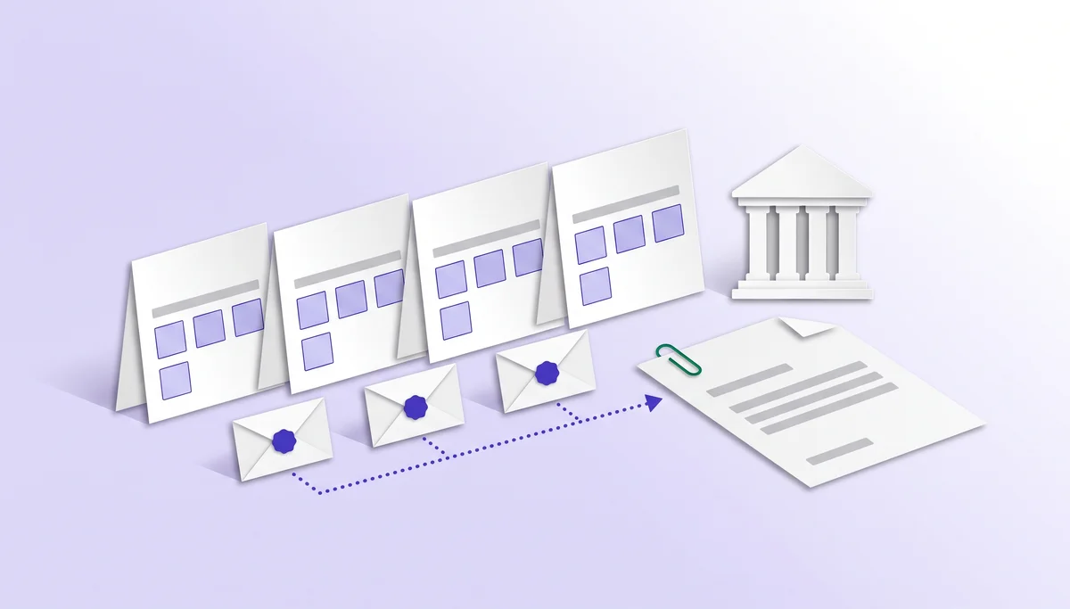 Paper-cut illustration of four quarterly calendar pages, three deposit envelopes leading to a return, and a bank