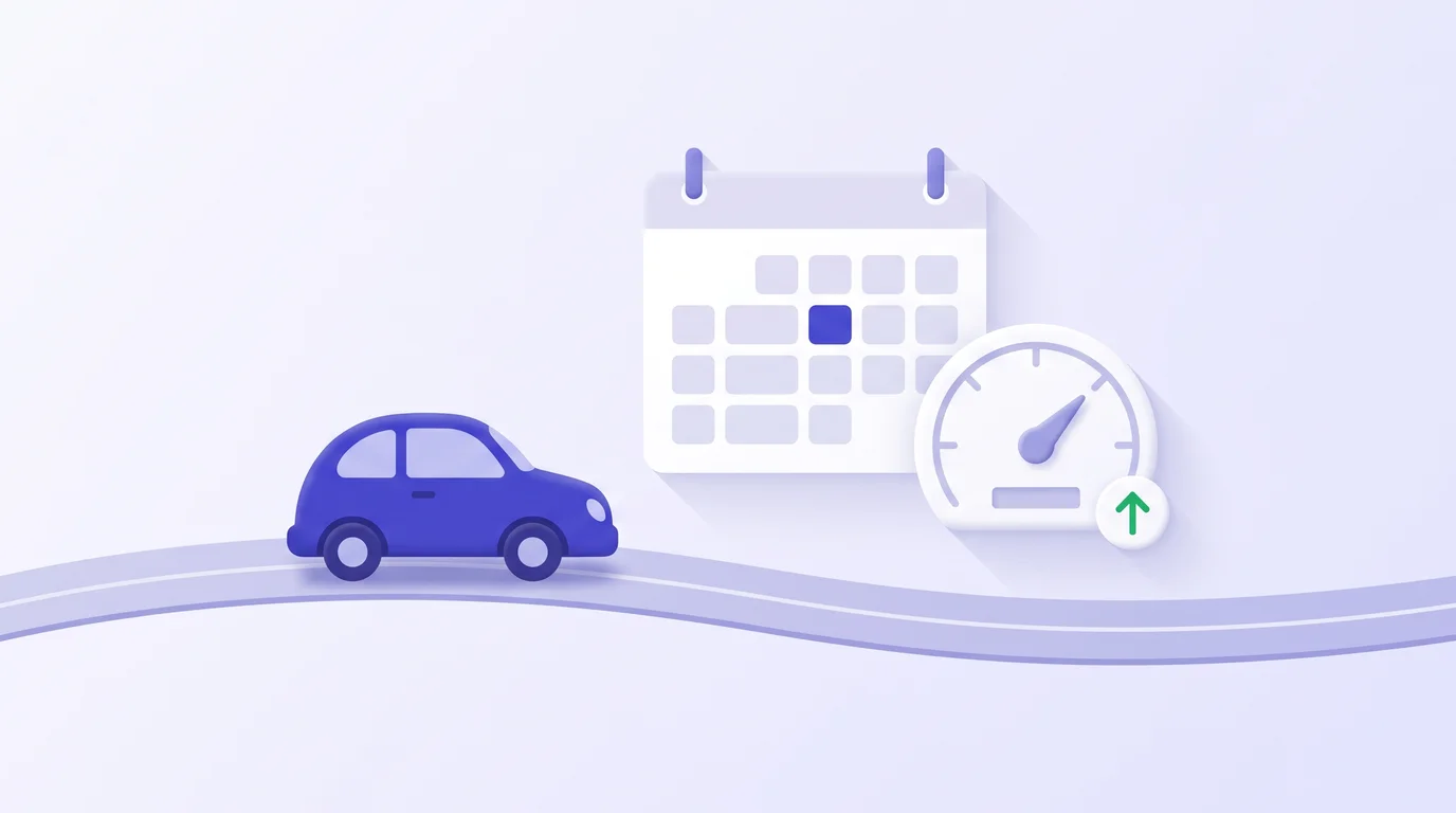Illustration of a car on a road beside a calendar with one day highlighted and a gauge with an upward arrow, for the mid-year mileage rate change